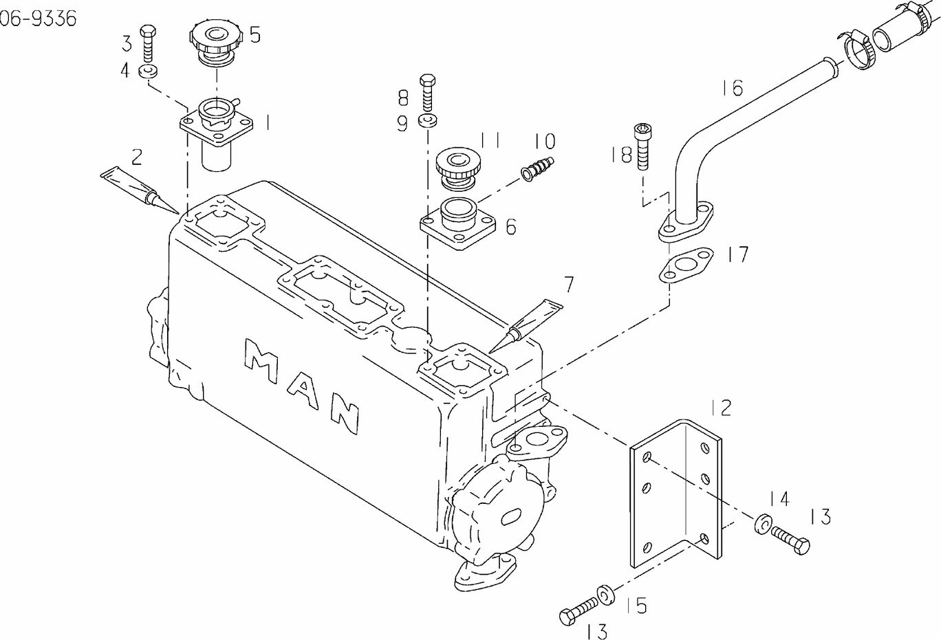 Exploded view of cooling water lines heat exchanger