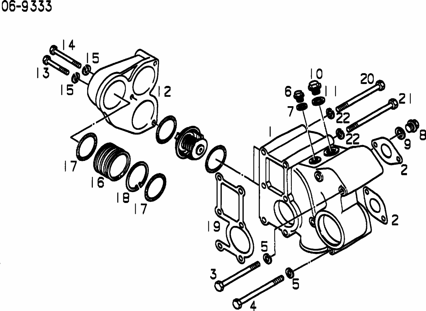Exploded view of thermostat housing cooling water pipe