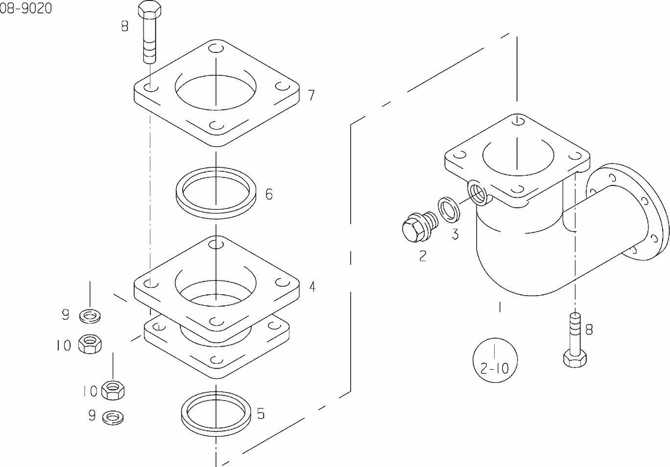 MAN D2866 LXE30 exhaust elbow exploded parts diagram with numbered positions