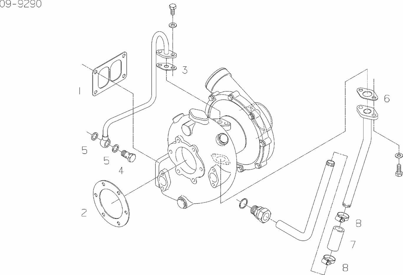 Exploded view of turbocharger connecting parts