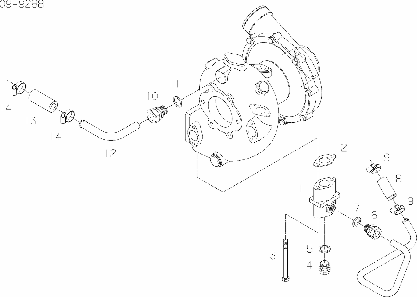 Exploded view of turbocharger cooling water lines