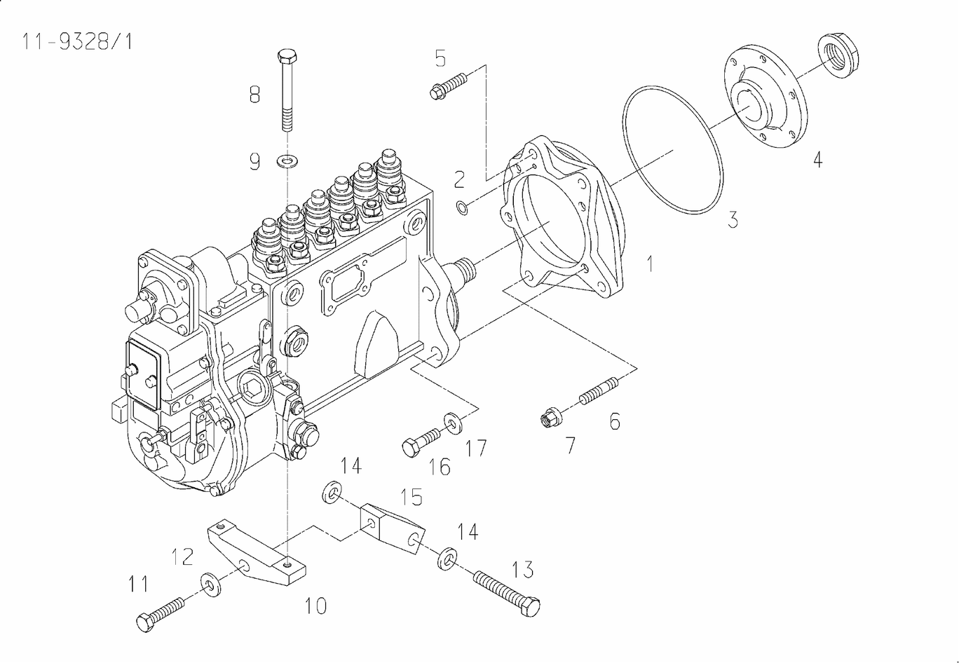 Exploded view of injection pump mounting parts