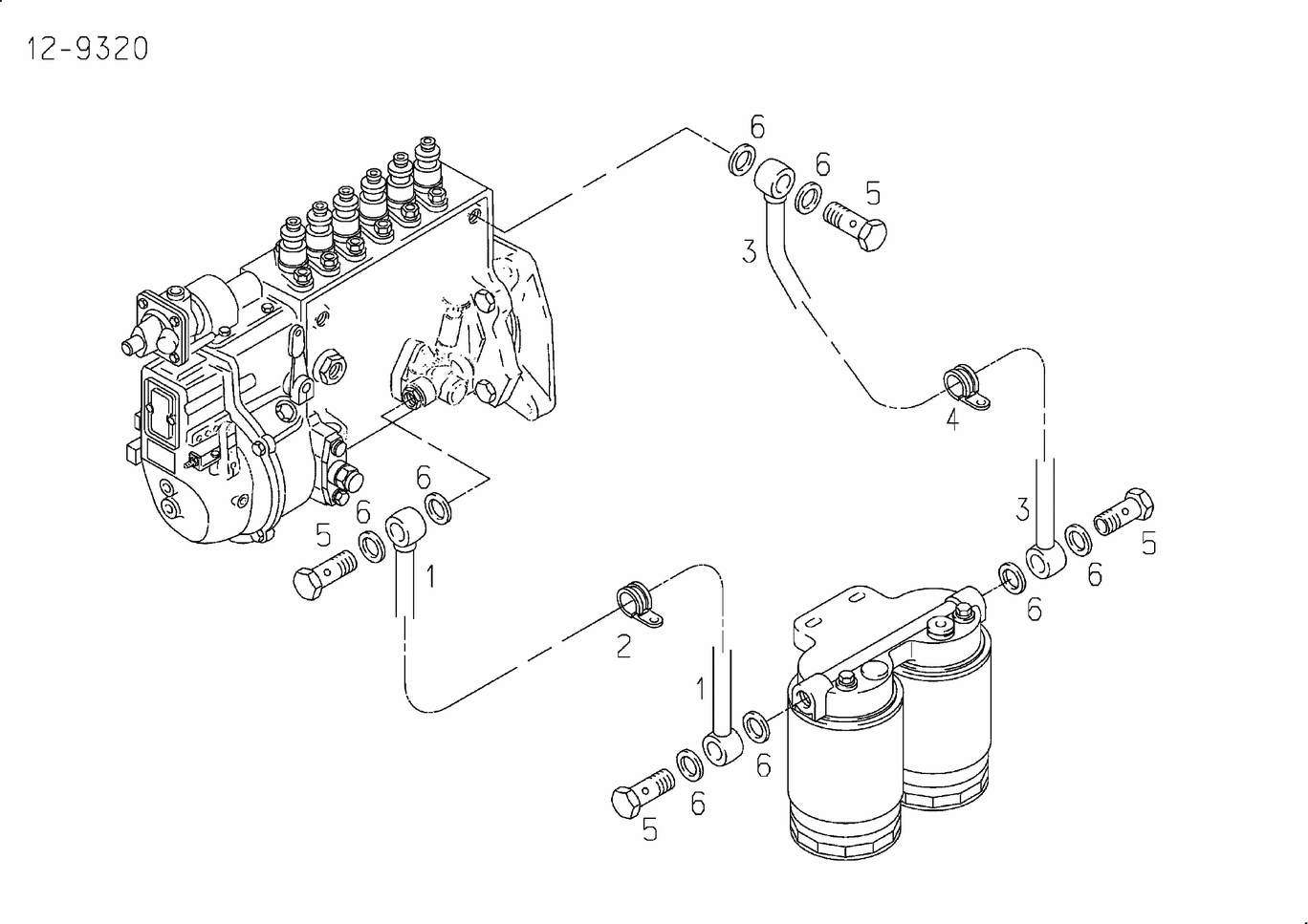 Exploded view of fuel lines injection pump fuel filter