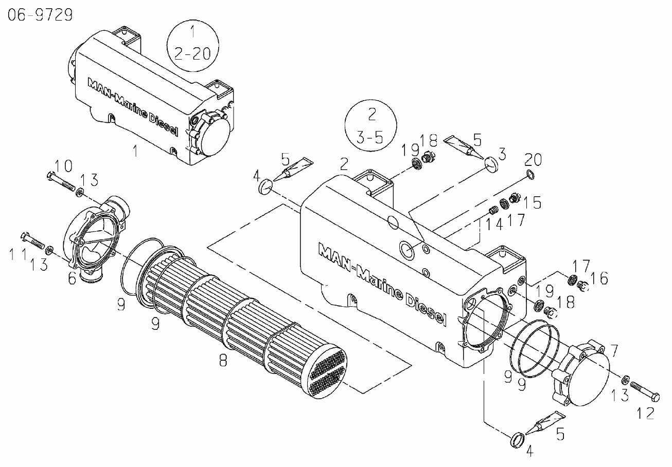 MAN heat exchanger assembly exploded diagram containing coolant expansion tank 51.06102-6115, with numbered components