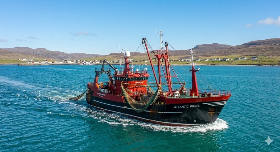 Fishing trawler hauling nets