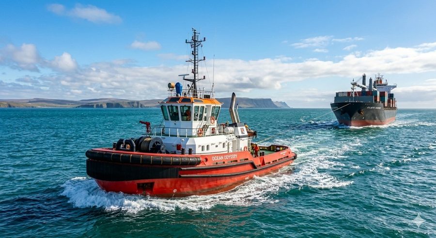 Harbour tug under way