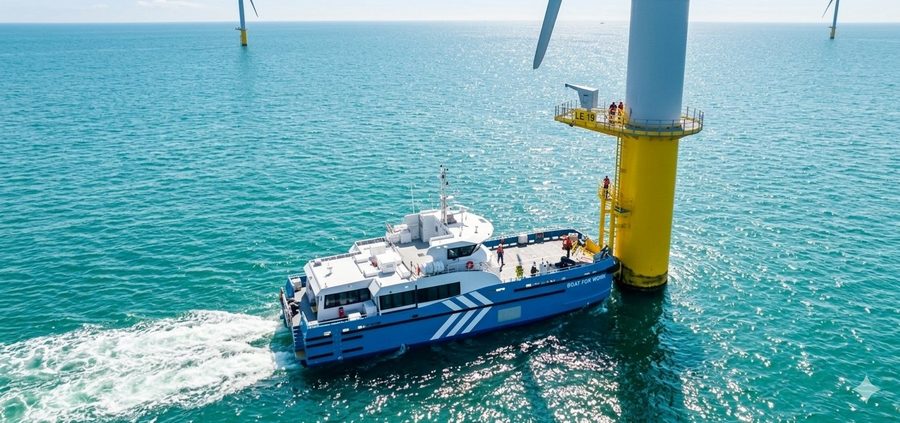 Crew-transfer workboat at an offshore turbine