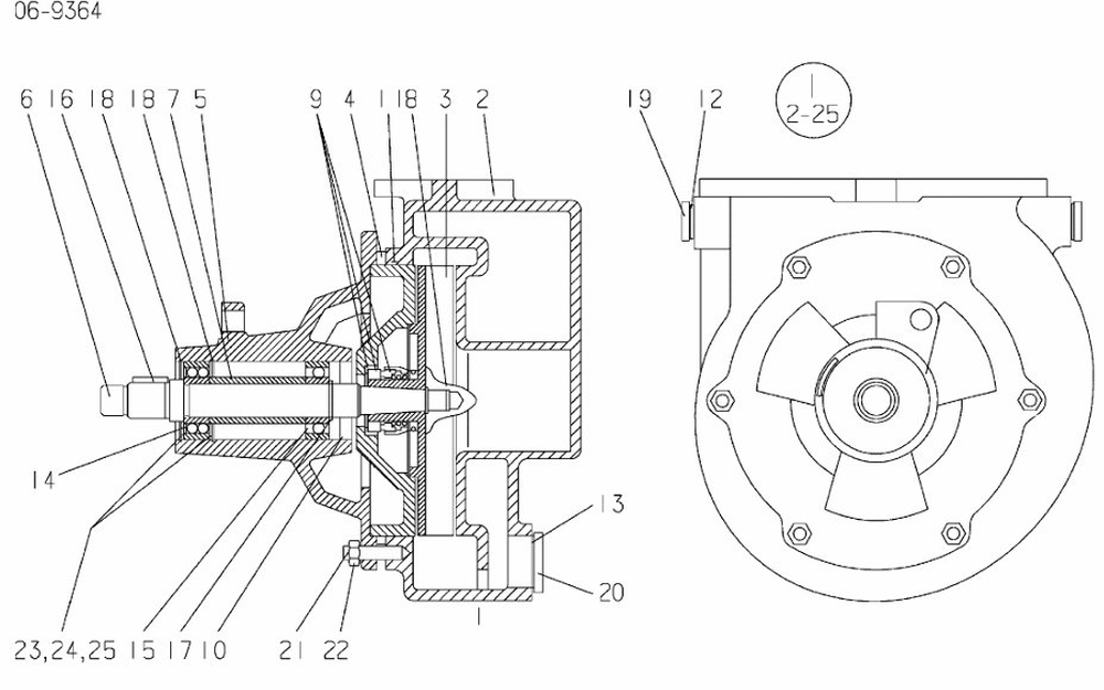 MAN raw water pump 51.06500-6500 exploded parts diagram with numbered components