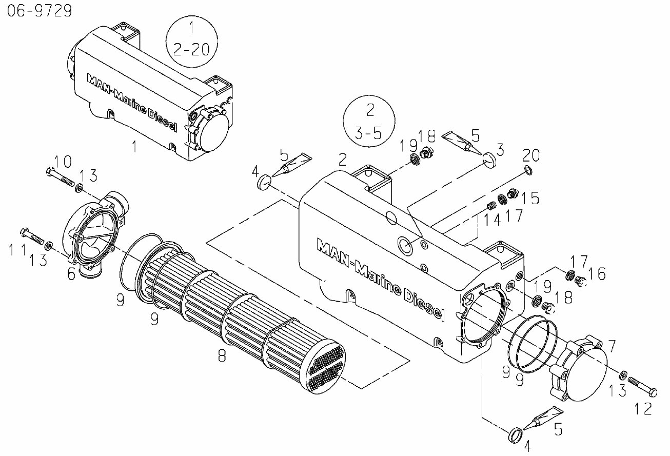 MAN water-cooled heat exchanger exploded diagram containing tube bundle 51.06109-0043, with numbered components