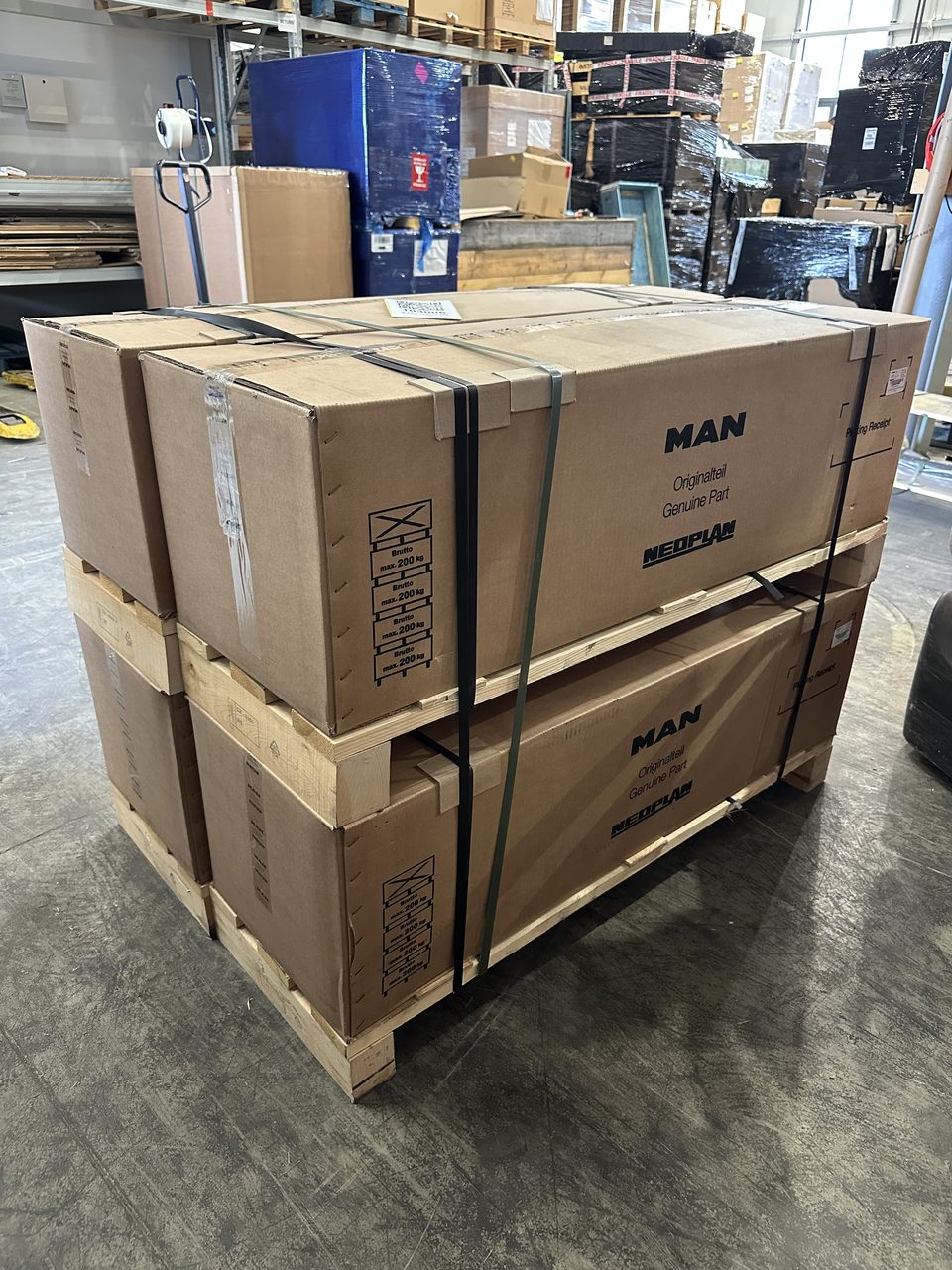 Crated genuine MAN parts on pallets, ready to ship from the Boat For Work warehouse in Riga, Latvia